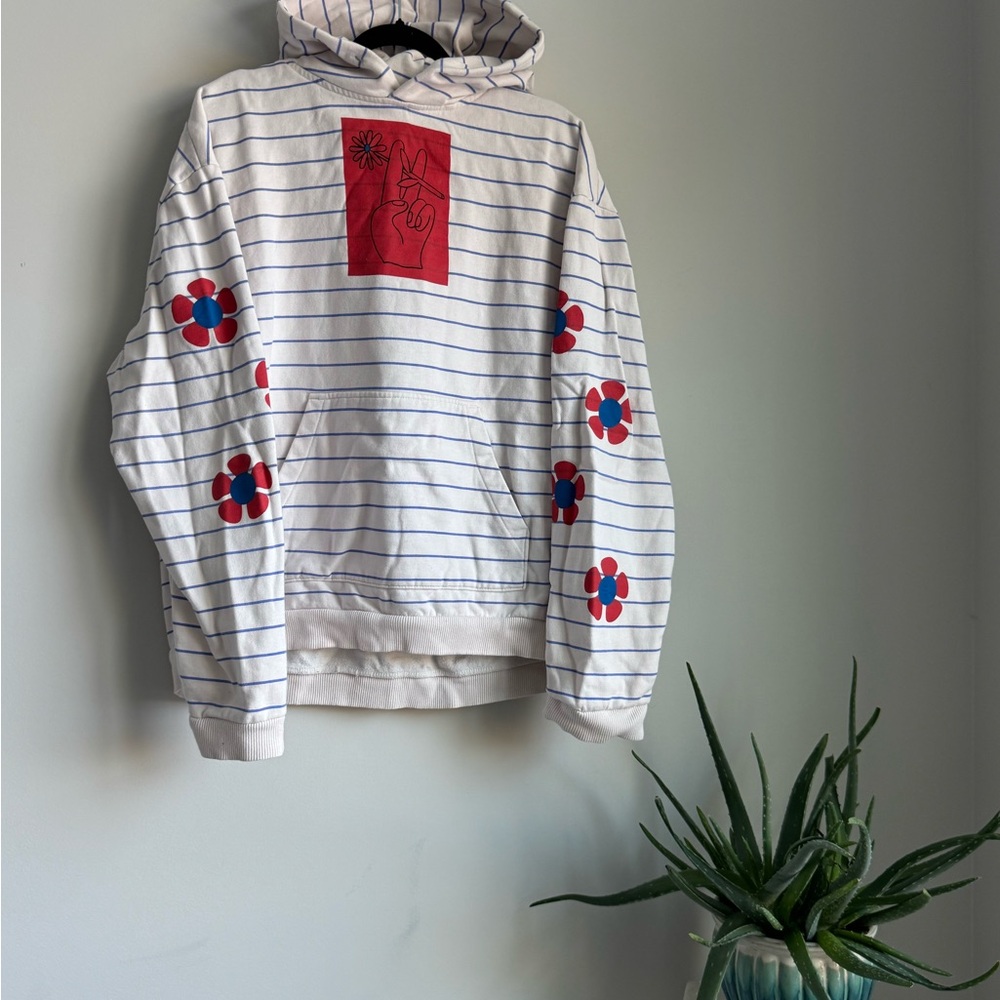 Urban Outfitters White Hoodie with Blue Stripes and Red Floral Accents